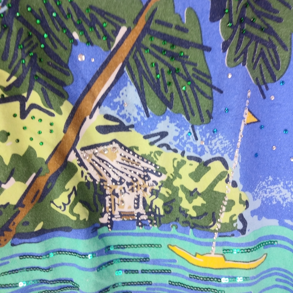 Casey Key SP Blue Beach Scene Stretch Top Petite - Picture 3 of 5